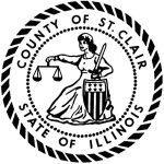 Seal of St. Clair County, Illinois, featuring Lady Justice with scales and a shield.
