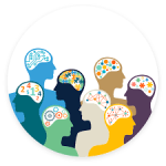 Diverse minds: Heads with gears, puzzles, circuits, and numbers.