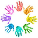 Colorful handprints in a circle, representing community and collaboration.