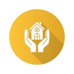 Hands cradling a house icon on a yellow background, representing home safety and security.
